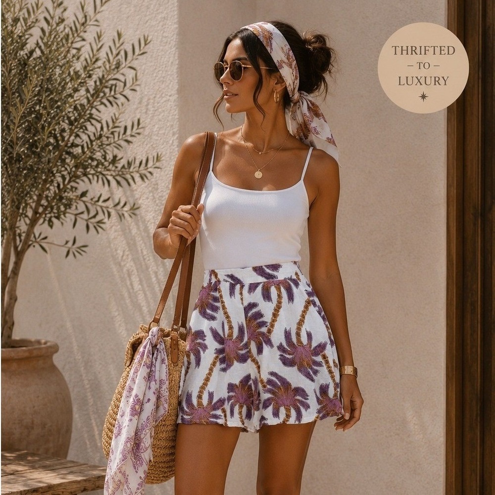 TNS Palm Tree Print High Waisted Paperbag Shorts Purple Orange Linen Blend M